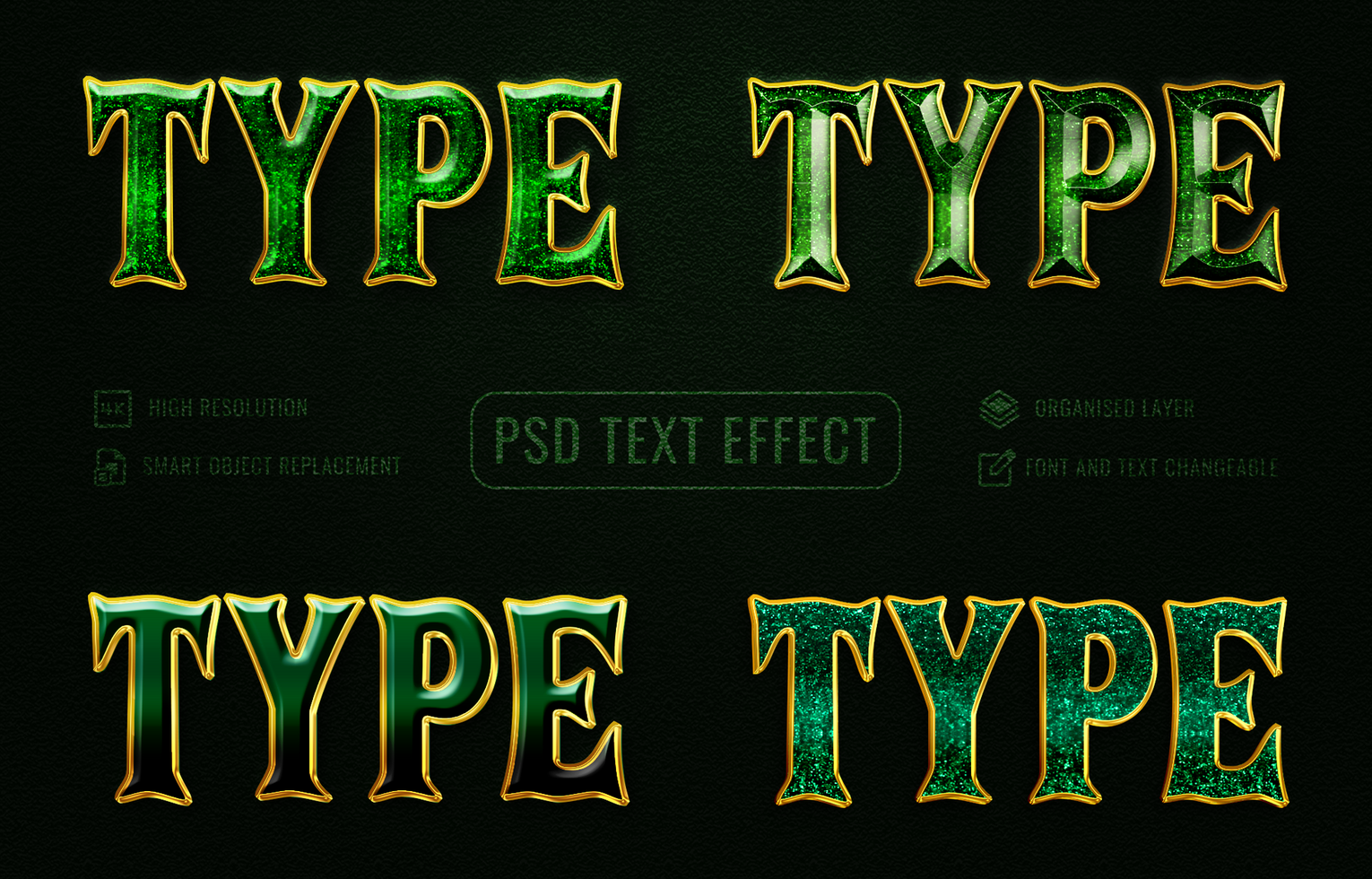 glossy glitter 3d green text effect set on dark green background psd