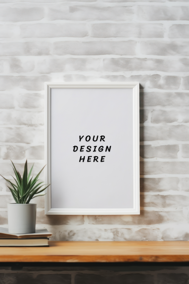 Photo frame mockup on brick wall with plant psd