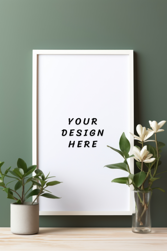 Photo frame mockup on sage green grey background psd