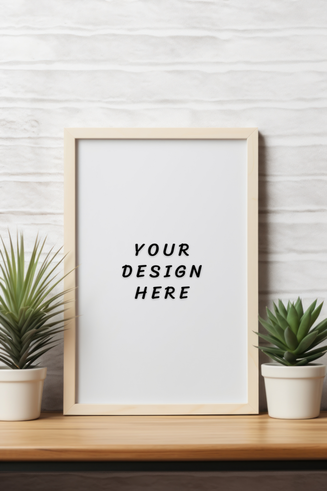 Photo frame mockup front brick wall with plant psd