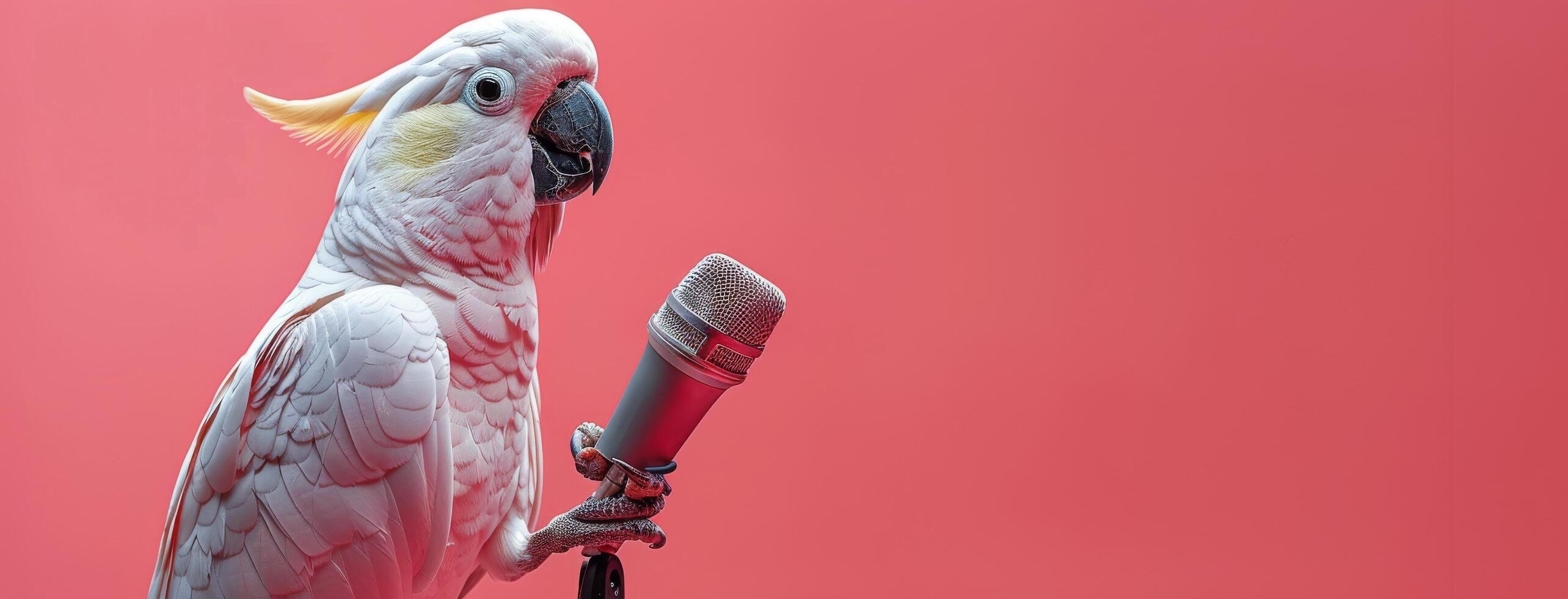 Parrot Standing Next to Microphone on Blue Background photo