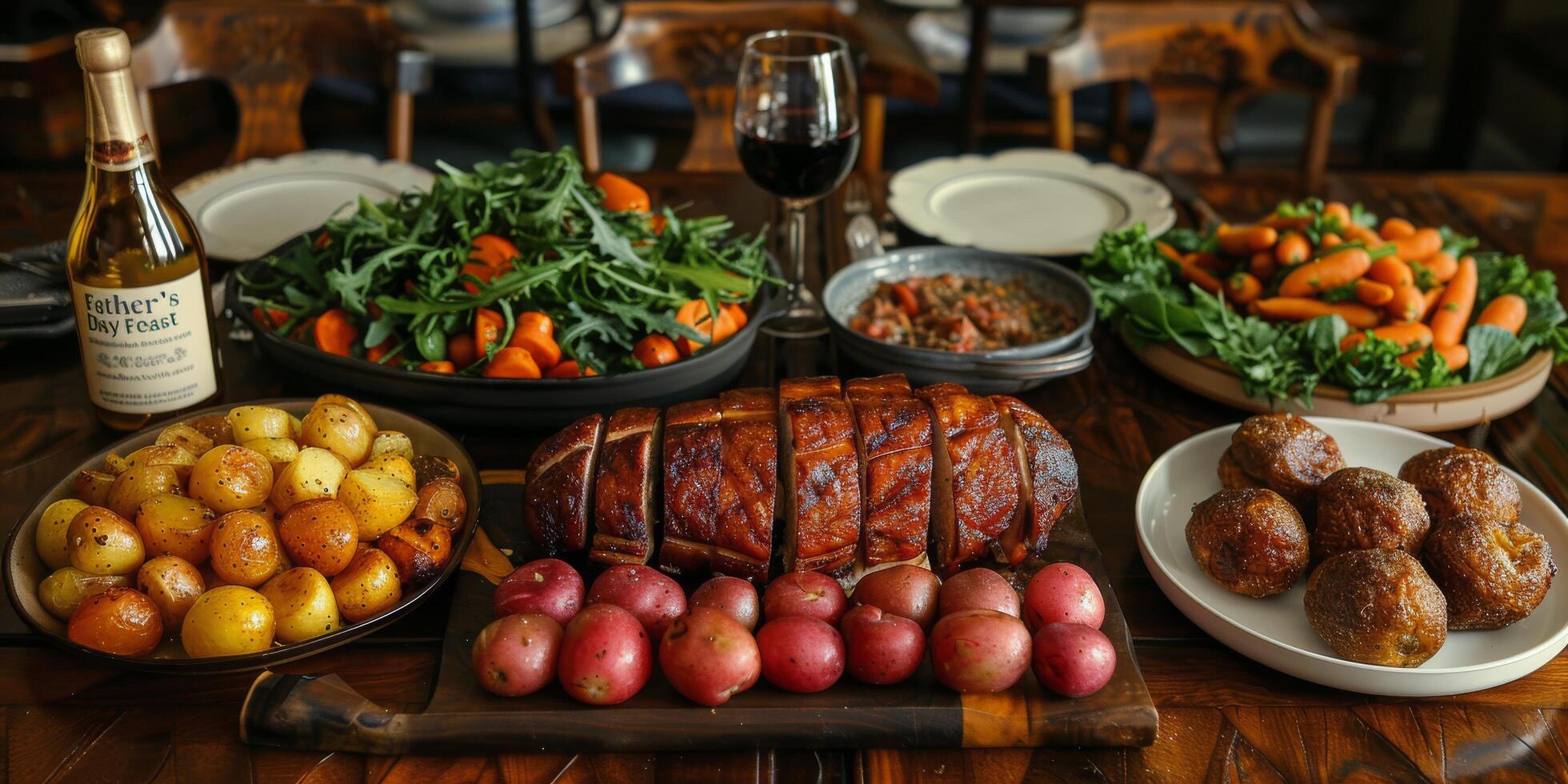 Wooden Table With Plates of Food and Wine photo