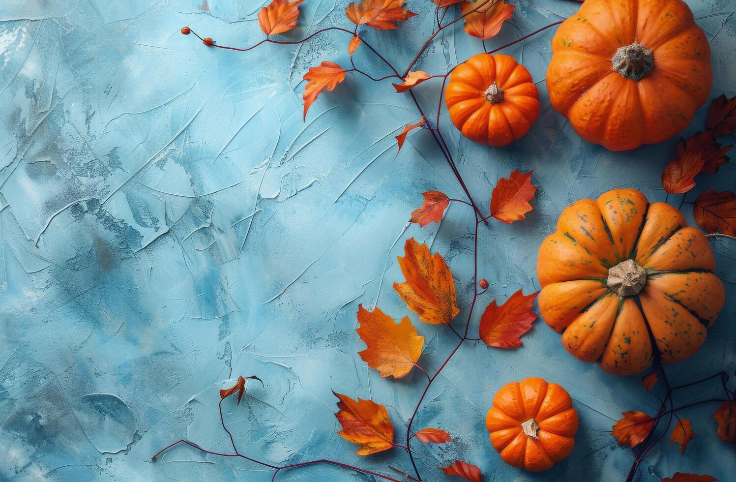 Pumpkins and Leaves Painting on Blue Background photo