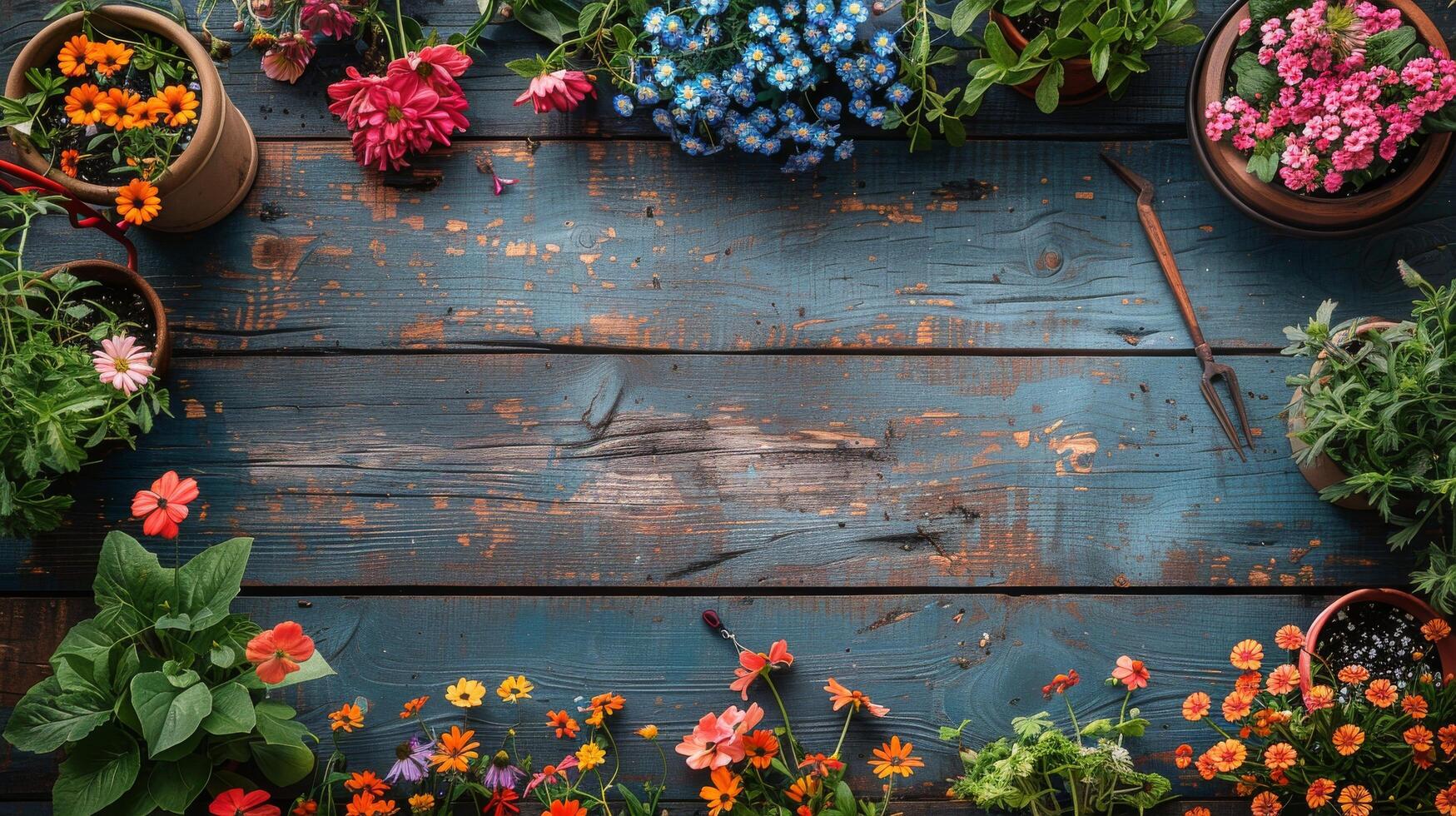 Group of Potted Plants on Wooden Table photo