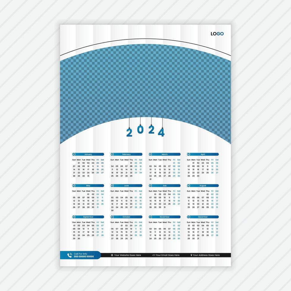 Single page Wall calendar 2024 template, Creative corporate calendar design, Monthly calendar, Business calendar, Abstract vector