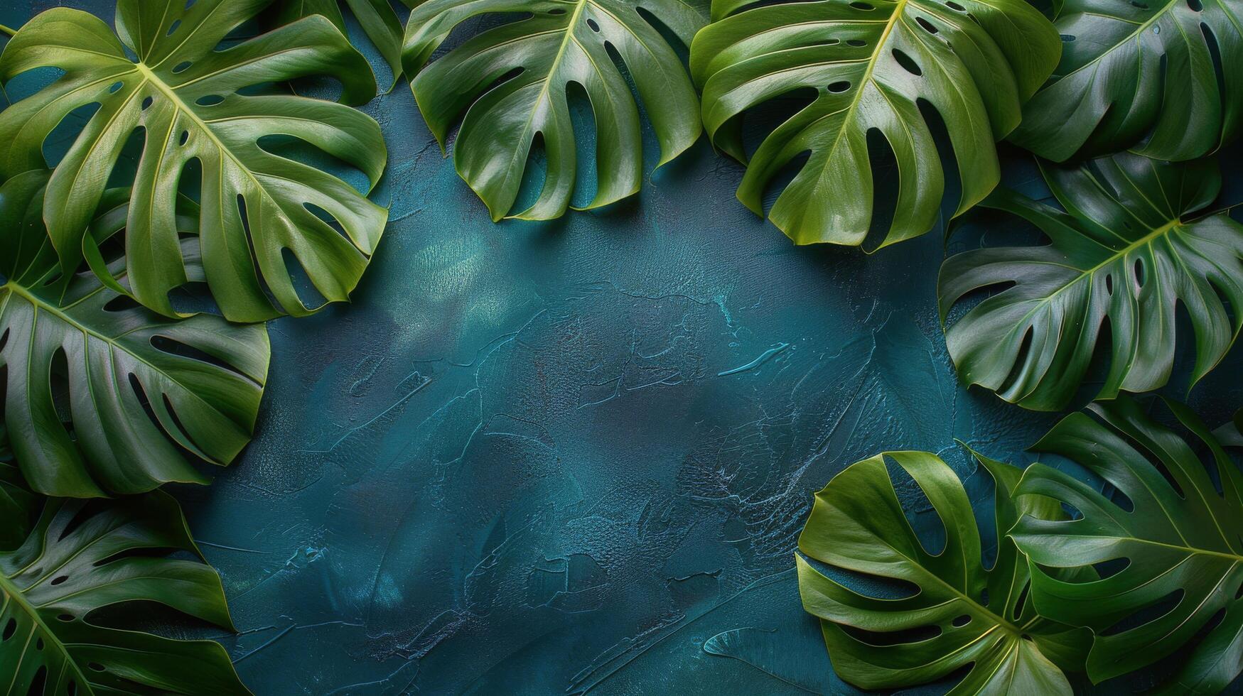 Group of Green Leaves on Blue Background photo