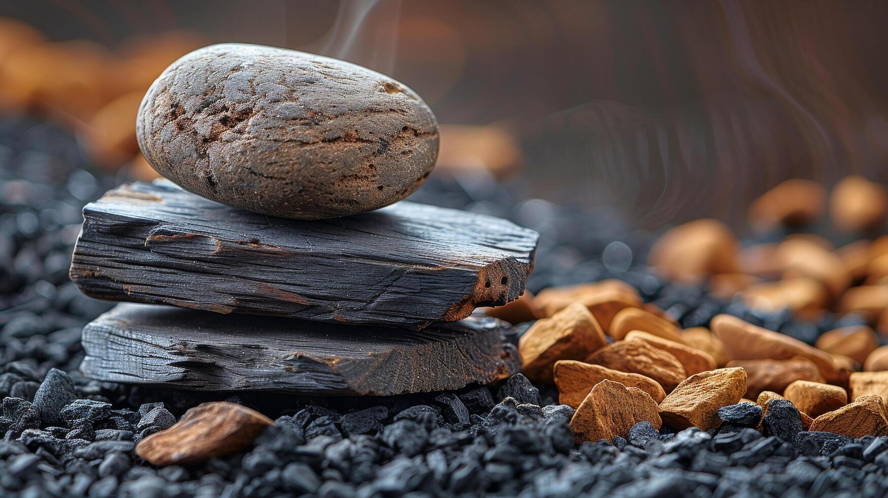 Rock Resting on Wood Chips photo