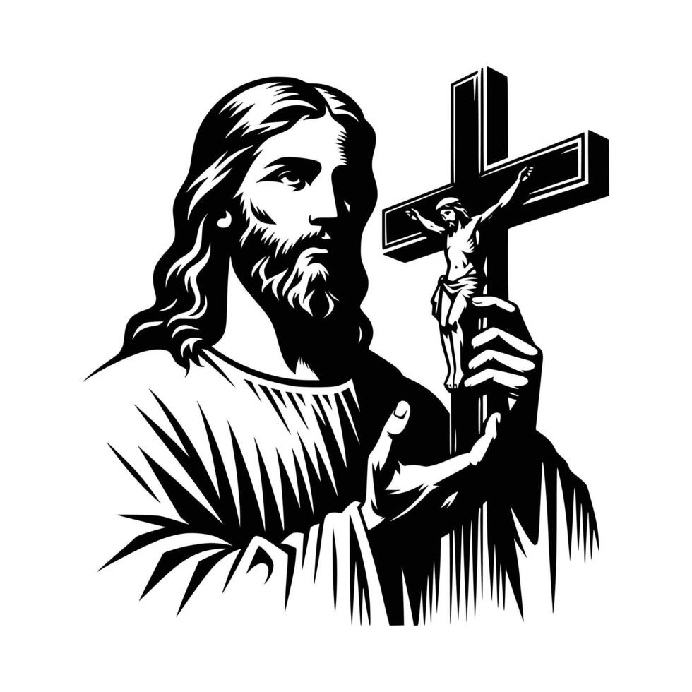 Jesus holding a Cross art illustration vector