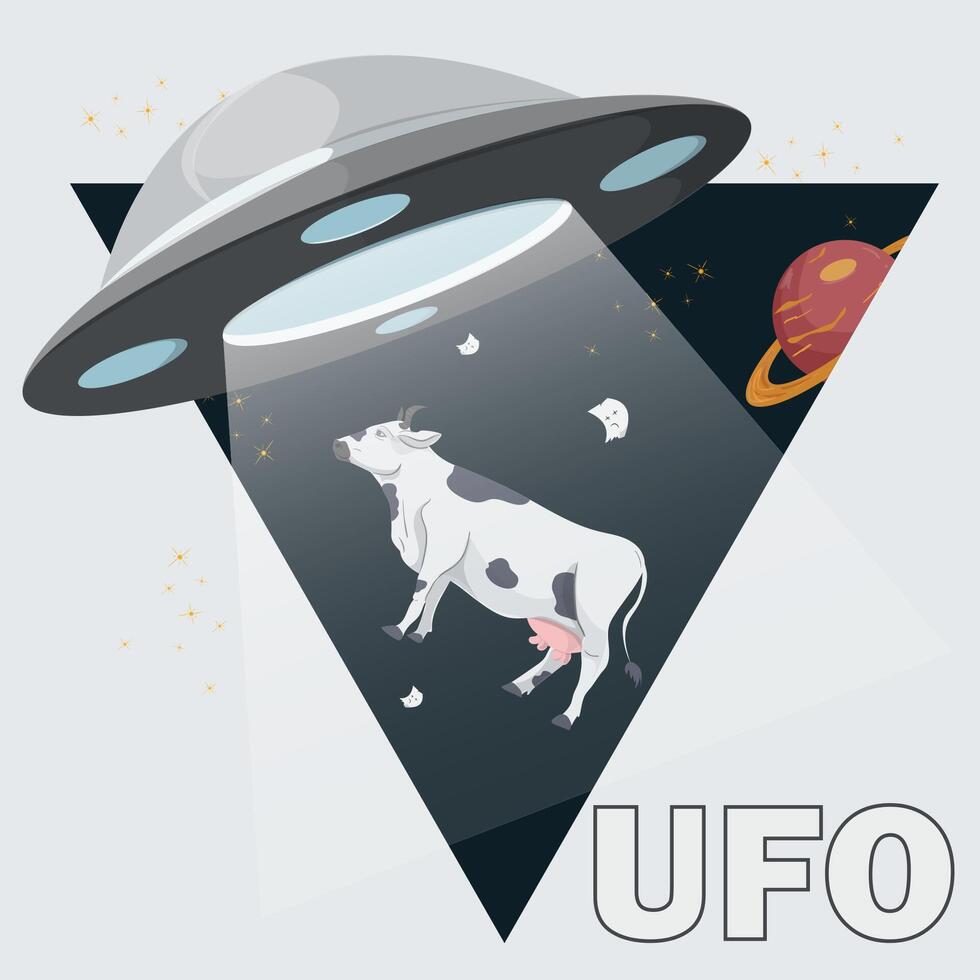 A flat illustration of a UFO abducting a domestic cow against the background of a planet and stars is inscribed in a triangle vector