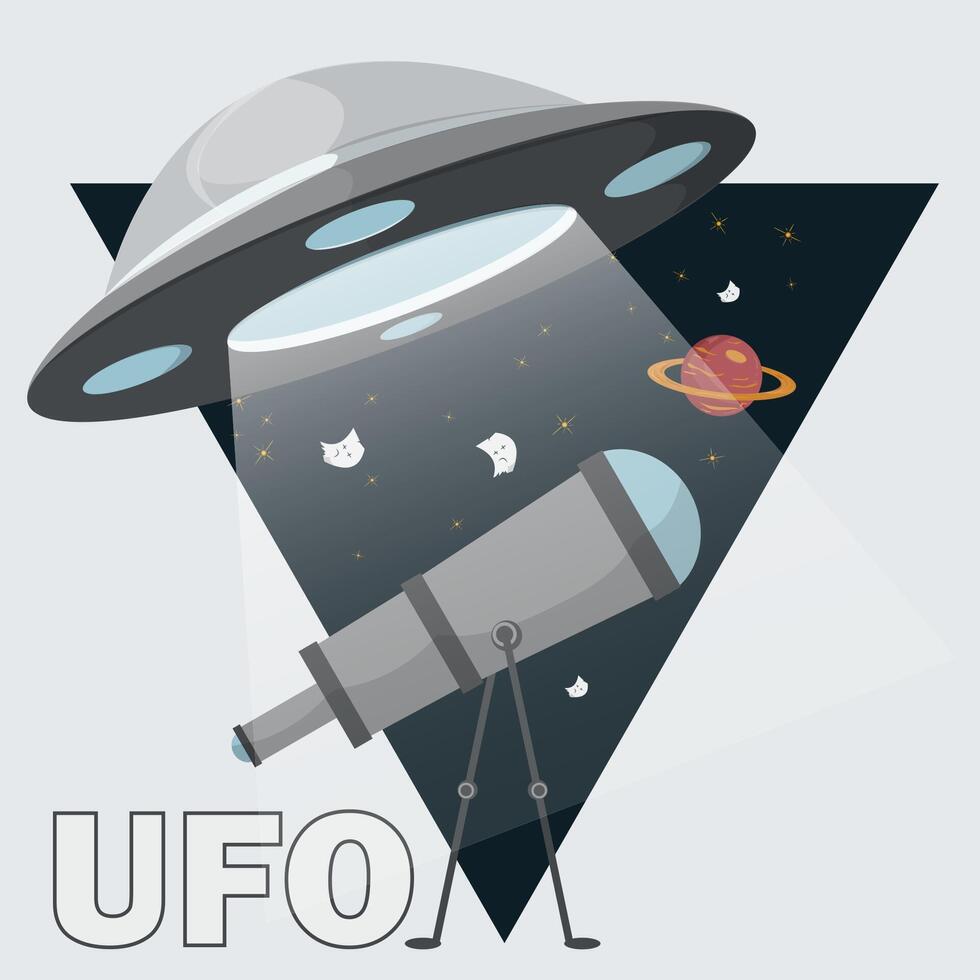 A flat illustration of a UFO stealing a telescope for observation is inscribed in a triangle vector