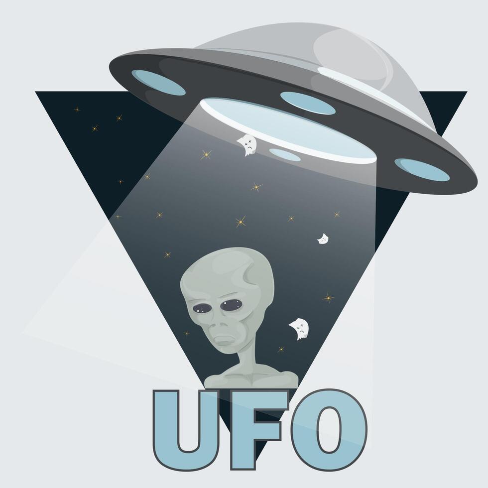 Flat illustration of an alien on the background of a UFO flying saucer the drawing is inscribed in a triangle vector