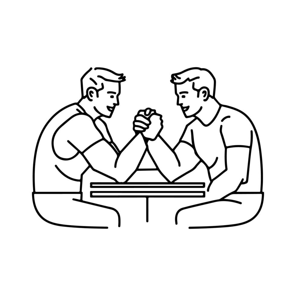 simple two men are sitting and engaged in arm wrestling - one line drawing. competition concept, strength comparison, training vector