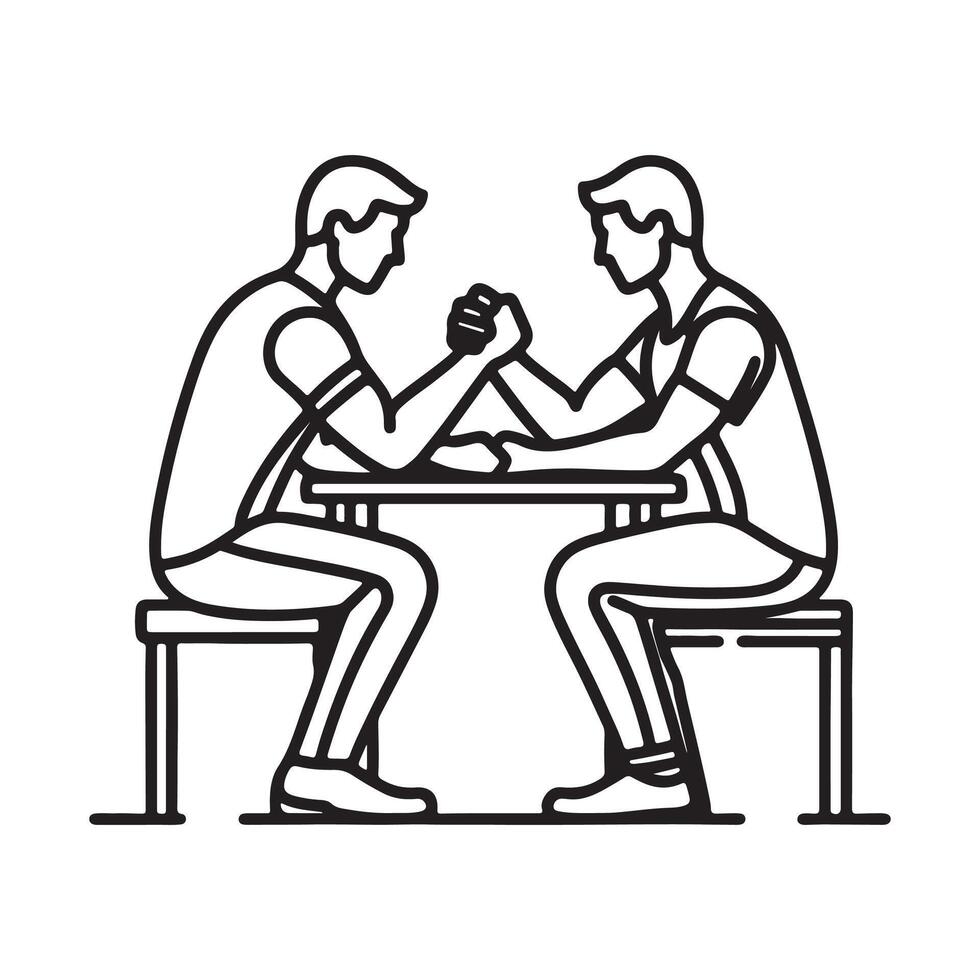 simple two men are sitting and engaged in arm wrestling - one line drawing. competition concept, strength comparison, training vector
