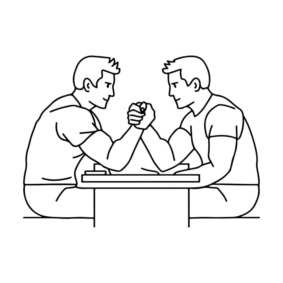 simple two men are sitting and engaged in arm wrestling - one line drawing. competition concept, strength comparison, training vector