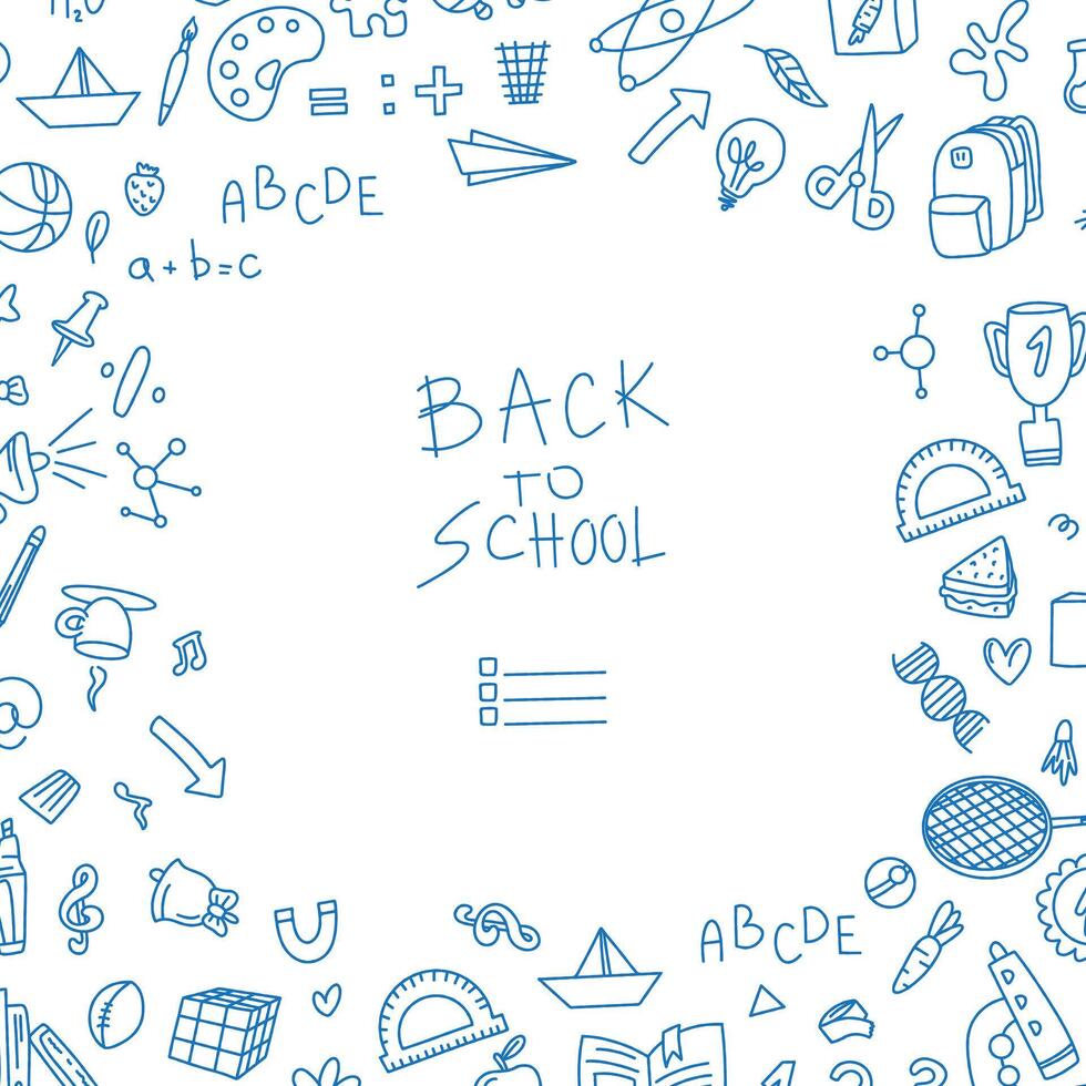 Back to school square text frame in doodle style. Hand drawn set of doodle book elements, education symbols. Framework for social networks. Invitation to a meeting. Office doodles vector