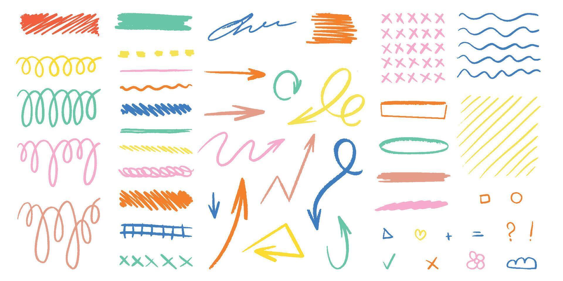 Set of pencil drawn curly lines, curls and shapes. Hand drawn pencil lines and logos. A bright drawing with charcoal or chalk. pencil texture vector