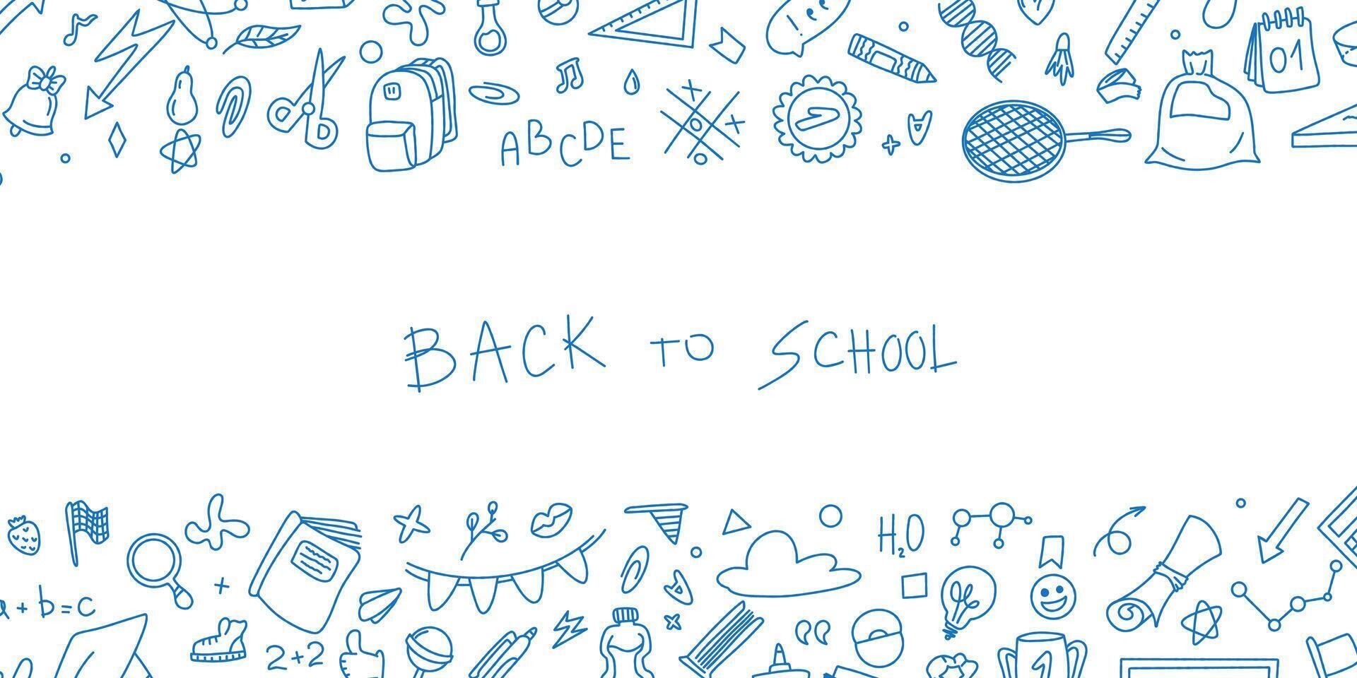 Back to school text frame in doodle style. Hand drawn set of book doodle elements, education symbols. Framework for social networks. Invitation to meetings. Stationery doodles vector