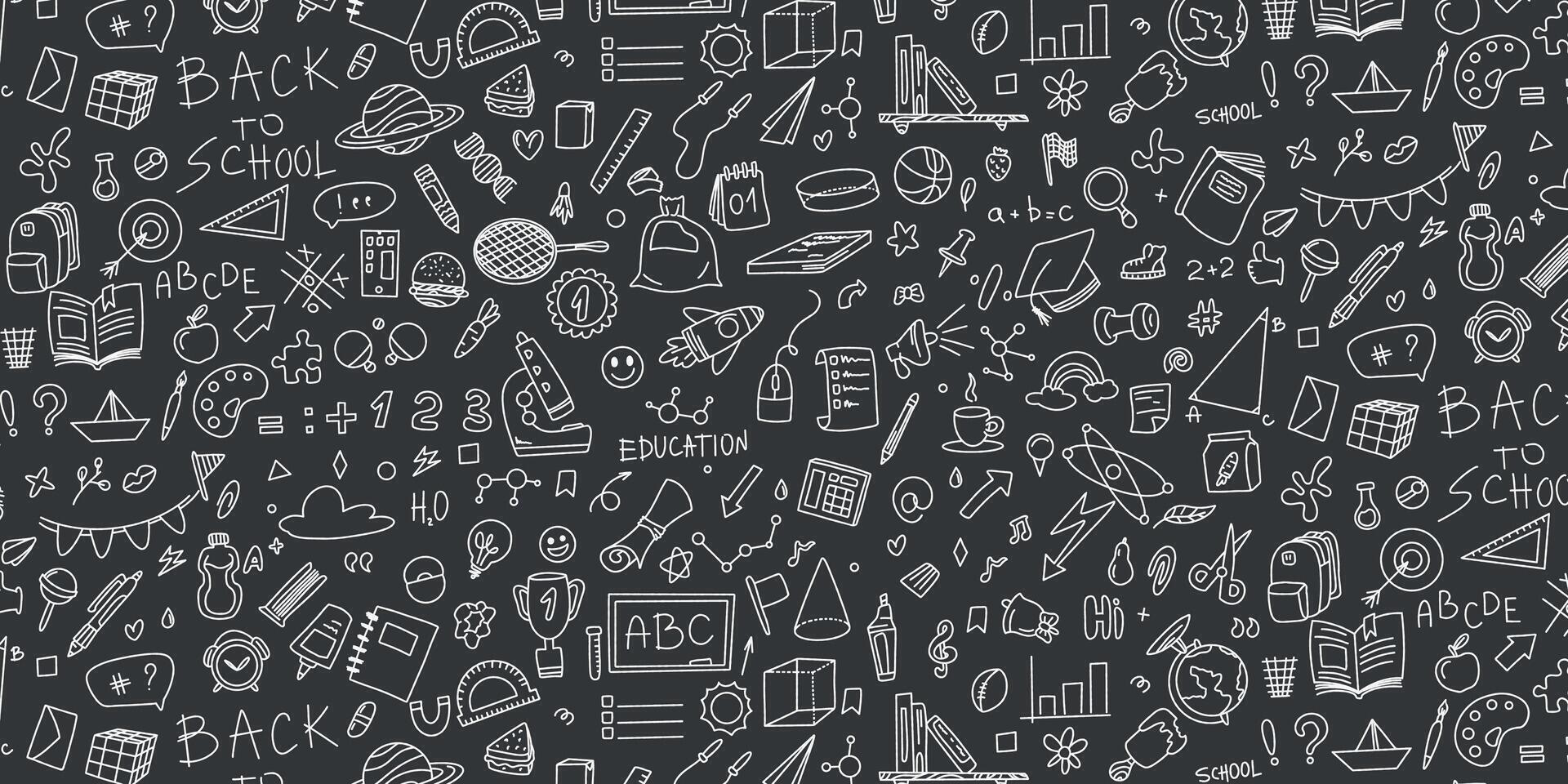 Back to school doodle pattern on dark background. graphics with school elements. Pattern for notebooks, textiles and paper. Education concept. vector