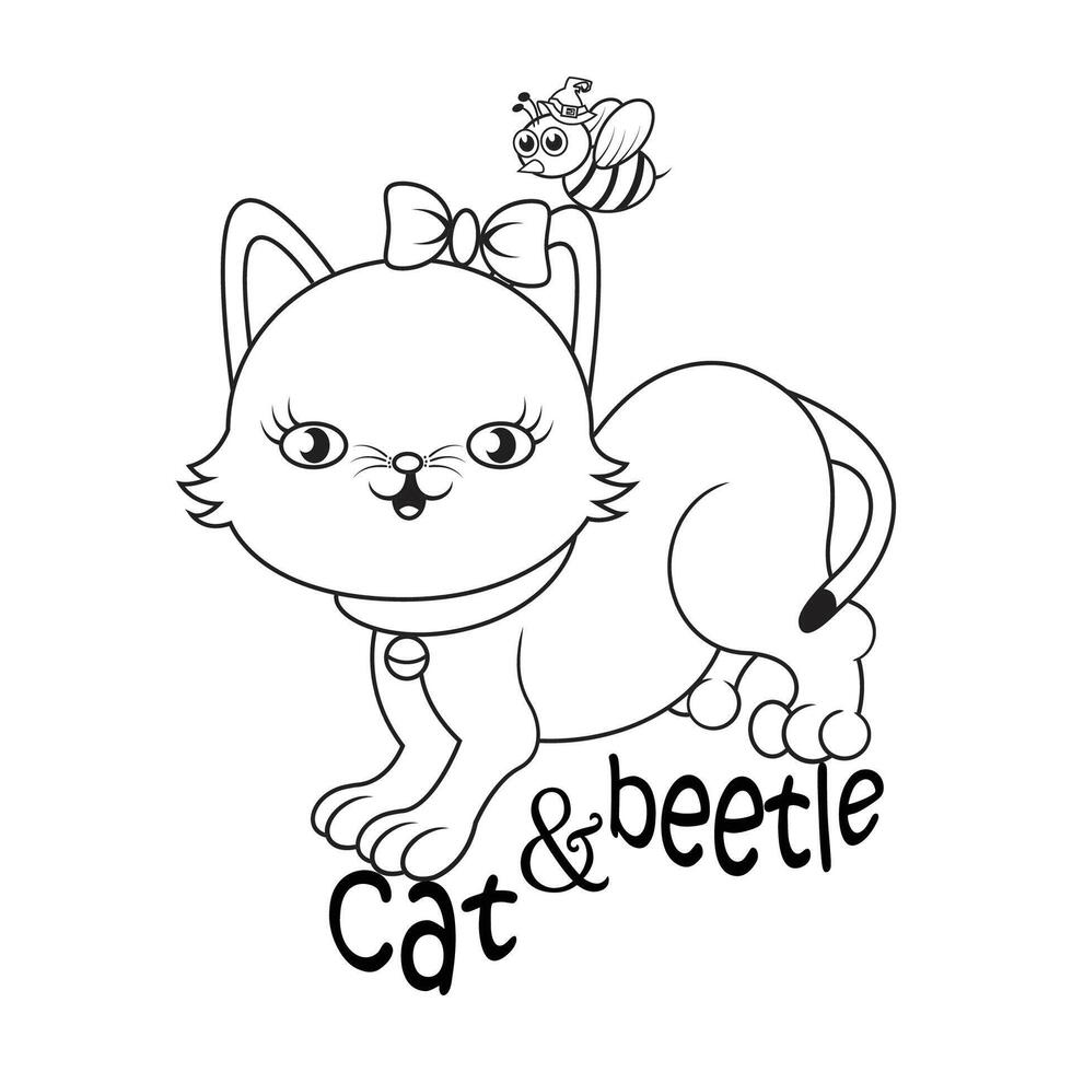 outline of cute cat and cute beetle vector