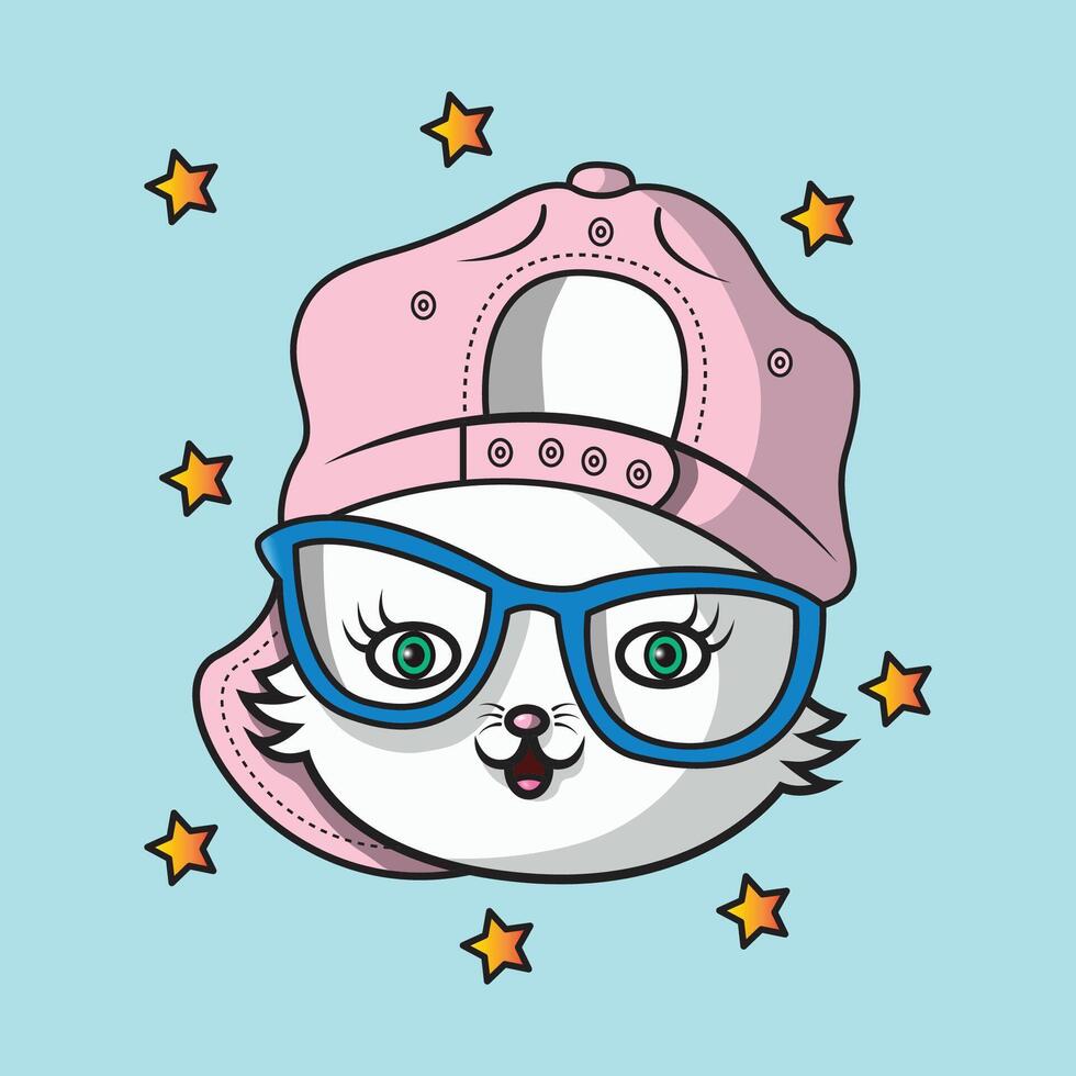 cute cat head wearing hat and glasses vector