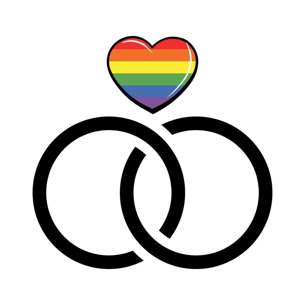 Cute simple LGBT symbol with rings and rainbow heart. Pride month symbol vector