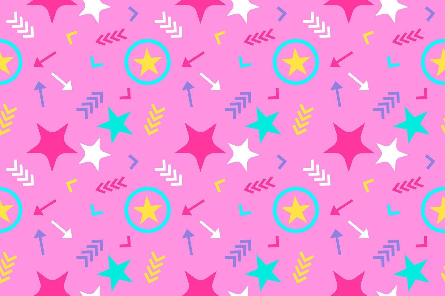 Colorful Memphis style seamless pattern featuring stars and arrows on a pink background. Perfect for textiles, backgrounds, and design. vector