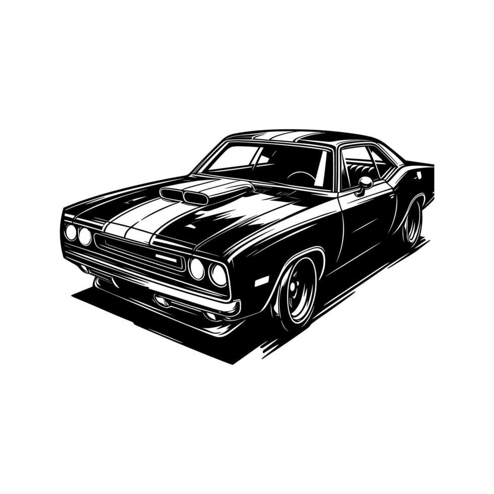 vintage muscle car illustration. This beautifully crafted artwork features a classic American muscle car in all its glory, with bold lines, sleek curves, and a powerful engine. Download now vector