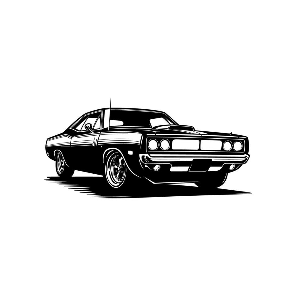 vintage muscle car illustration. This beautifully crafted artwork features a classic American muscle car in all its glory, with bold lines, sleek curves, and a powerful engine. Download now vector