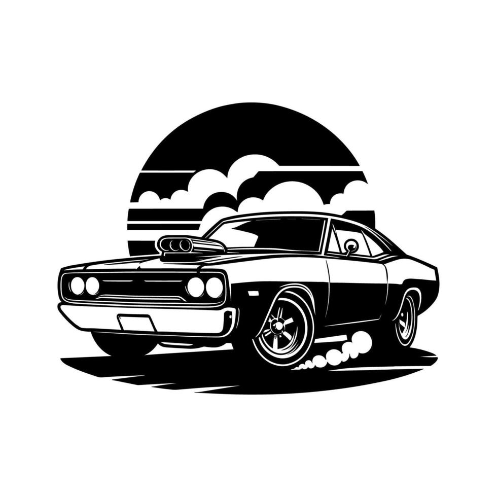 vintage muscle car illustration. This beautifully crafted artwork features a classic American muscle car in all its glory, with bold lines, sleek curves, and a powerful engine. Download now vector