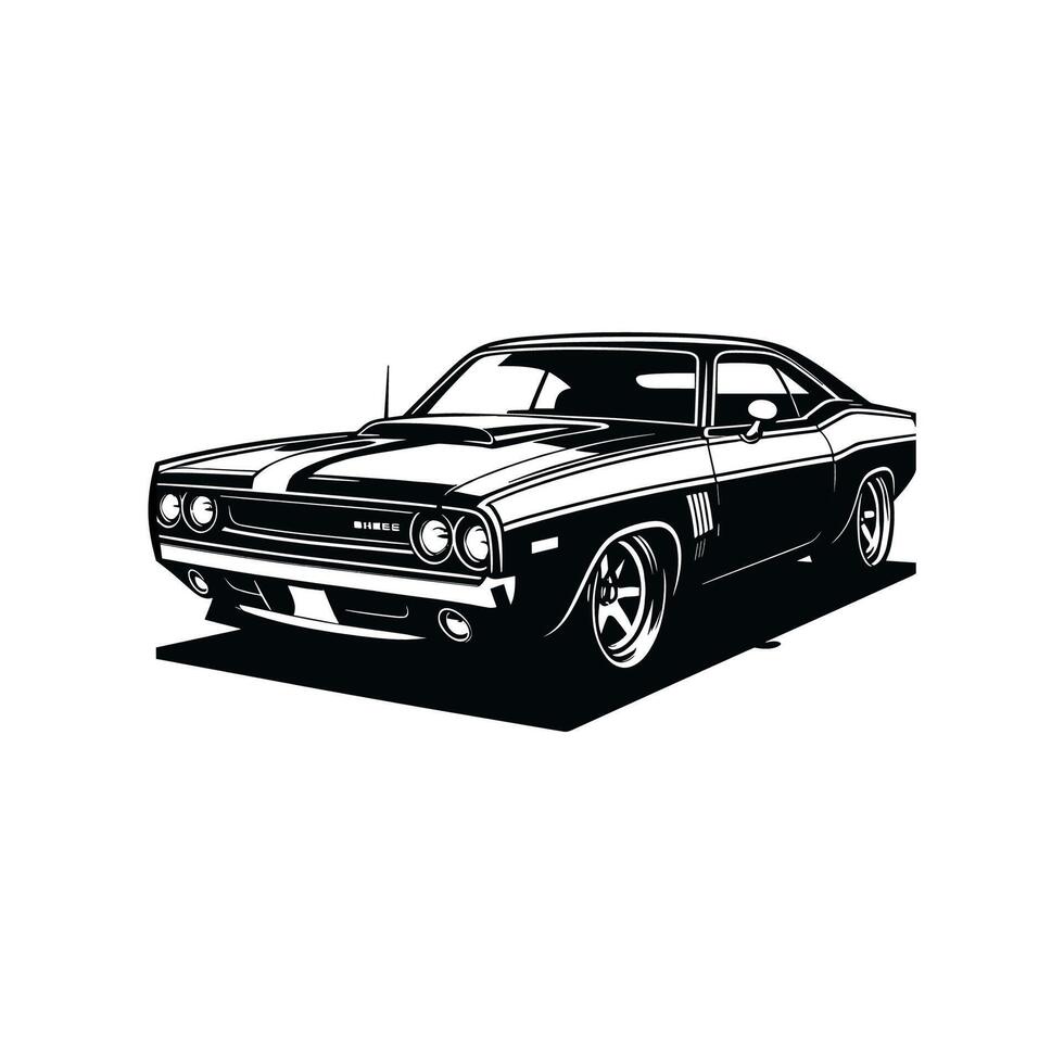 vintage muscle car illustration. This beautifully crafted artwork features a classic American muscle car in all its glory, with bold lines, sleek curves, and a powerful engine. Download now vector