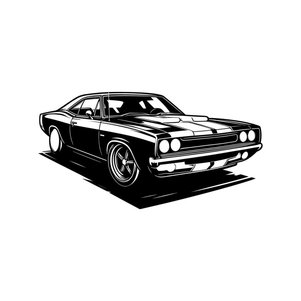 vintage muscle car illustration. This beautifully crafted artwork features a classic American muscle car in all its glory, with bold lines, sleek curves, and a powerful engine. Download now vector