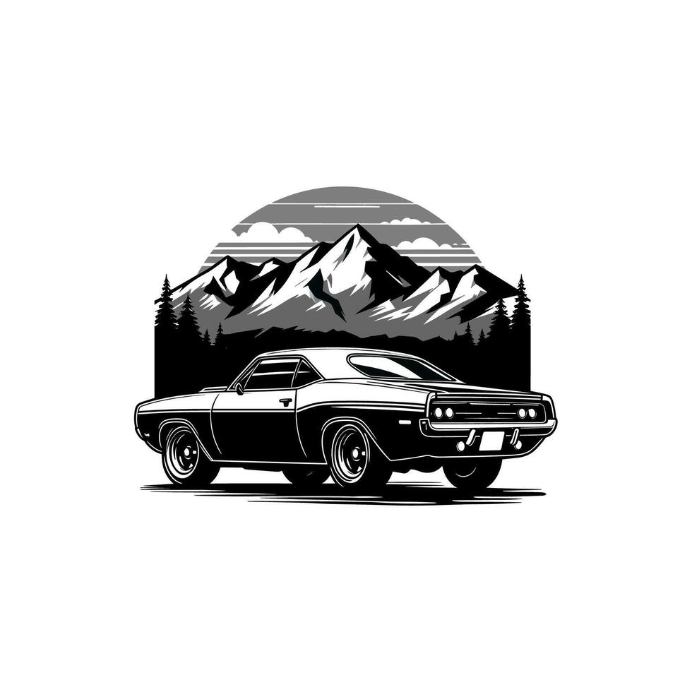 vintage muscle car illustration. This beautifully crafted artwork features a classic American muscle car in all its glory, with bold lines, sleek curves, and a powerful engine. Download now vector