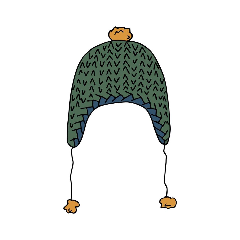 Ear flap hat doodle Hand drawn winter accessories. Single design element for card, print, design, decor vector