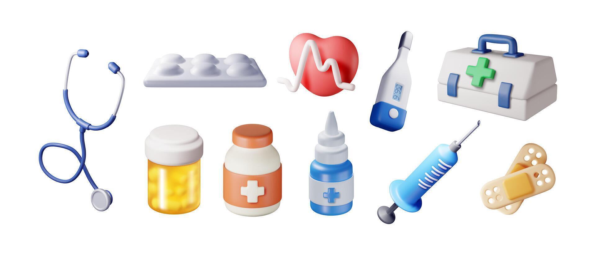 3d medicine icon set isolated. Render medical collection. Spray, pills, first aid kit, thermometer, syringe, heartrate, stethoscope. Healthcare hospital and medical diagnostics vector