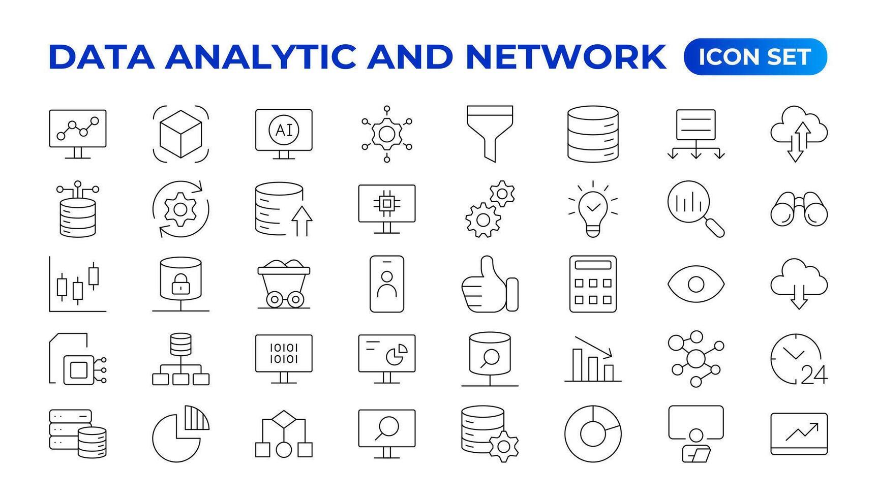 Big data analysis thin line icon set. Data processing outline pictograms for website and mobile app GUI. Digital analytics simple UI, UX icons vector