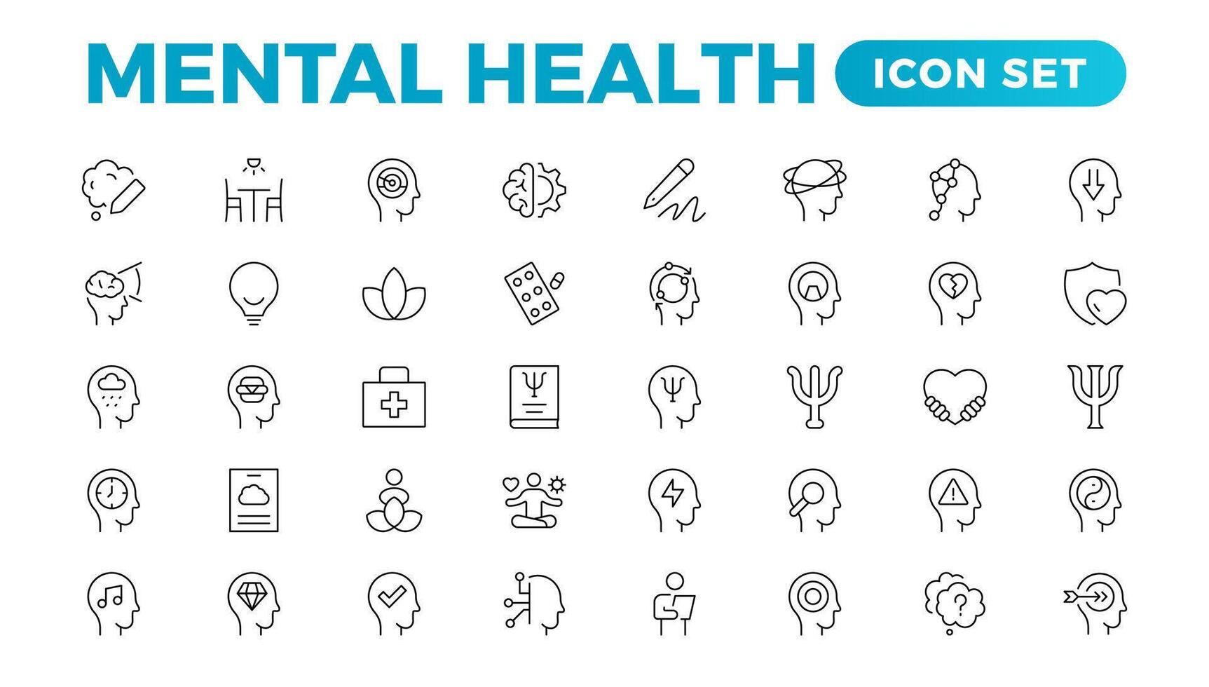 Mental health outline icon set. Containing depression, bipolar, PTSD, panic and mind disorder icons. Psychology solid symbol illustration. vector