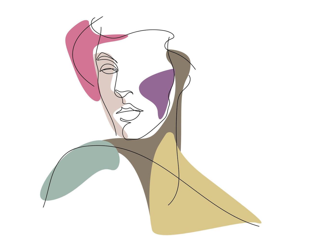 single black line female portrait black and multi color spot white background vector