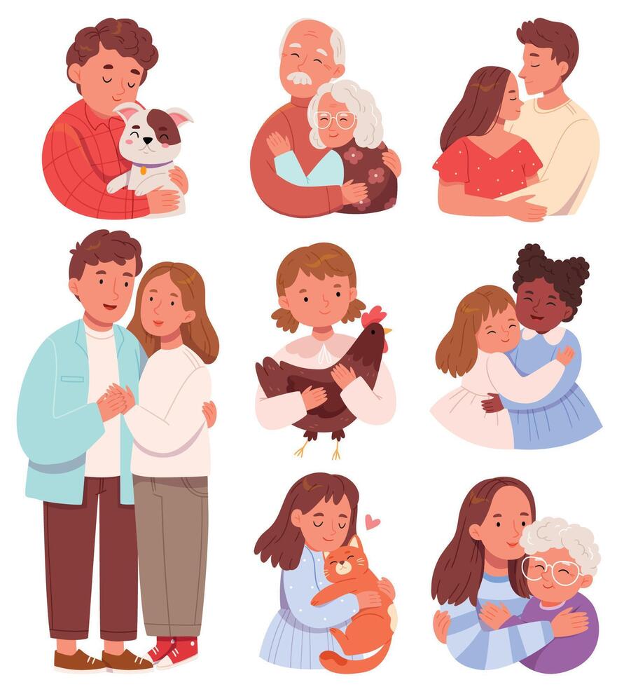 Set of different cartoon flat people hugging feeling love and positive emotion graphic illustration. Collection of friends, couple, teens and married embracing isolated on white background vector