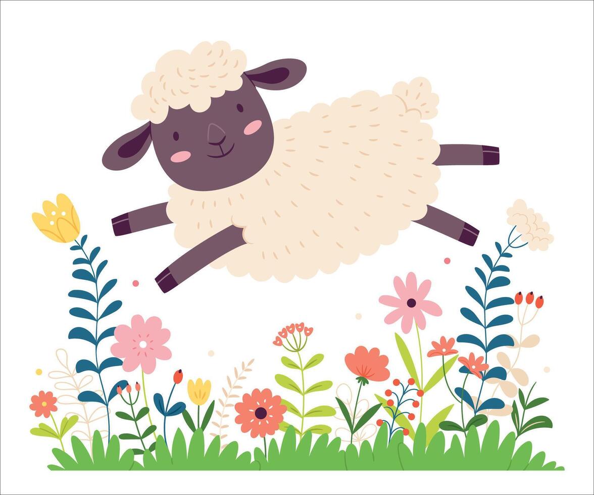 A sheep in Scandinavian style jumps through a field of flowers. Baby flat graphic illustration. vector