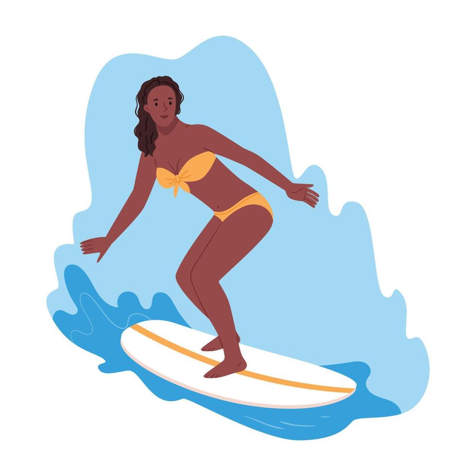African girl surfing on big waves. Poster design catch a wave.Windsurfer on board boardsailing in sea water, wave. Wind surfing and sailing activity in ocean in summer. Flat hand draw vector