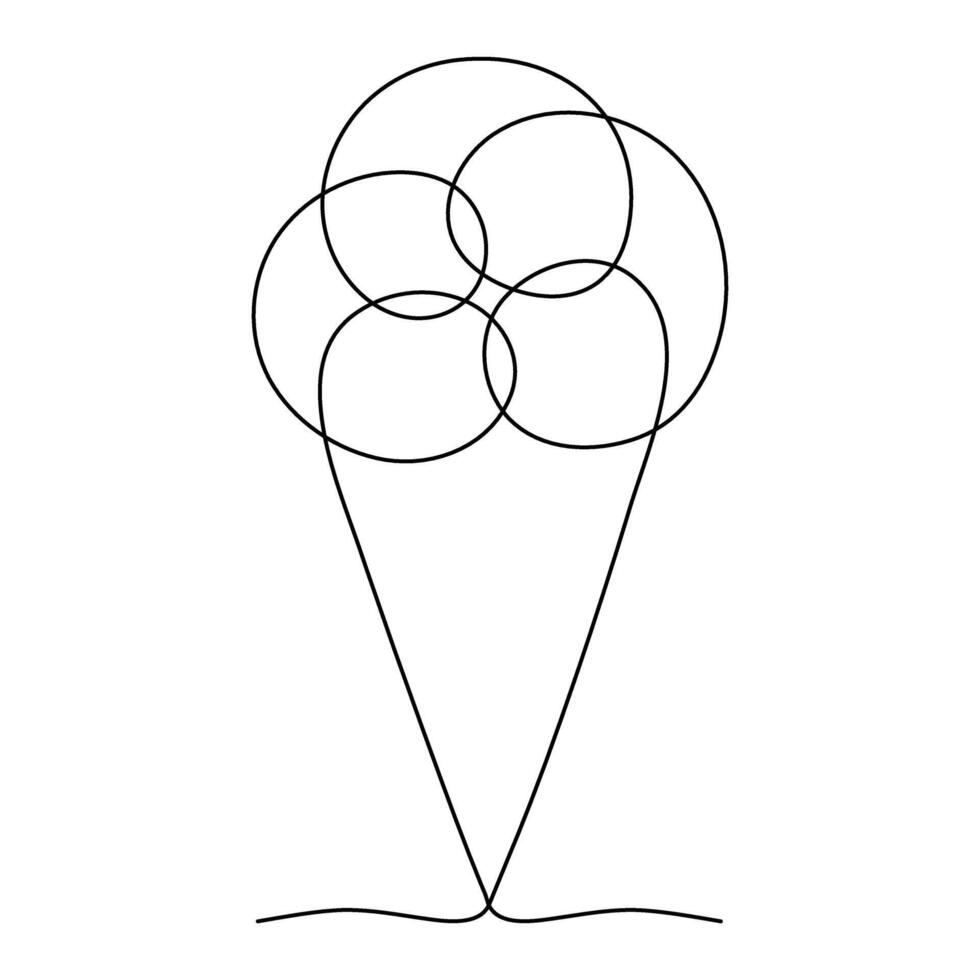 One single line drawing of fresh ice cream cone. Summer Ice-cream dessert cafe menu and restaurant badge concept. Modern continuous line draw design street food vector