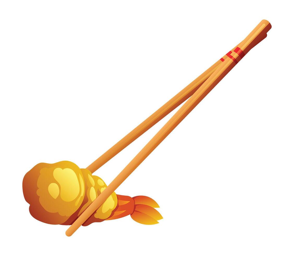 A piece of tempura shrimp held with chopsticks. Japanese food illustration vector
