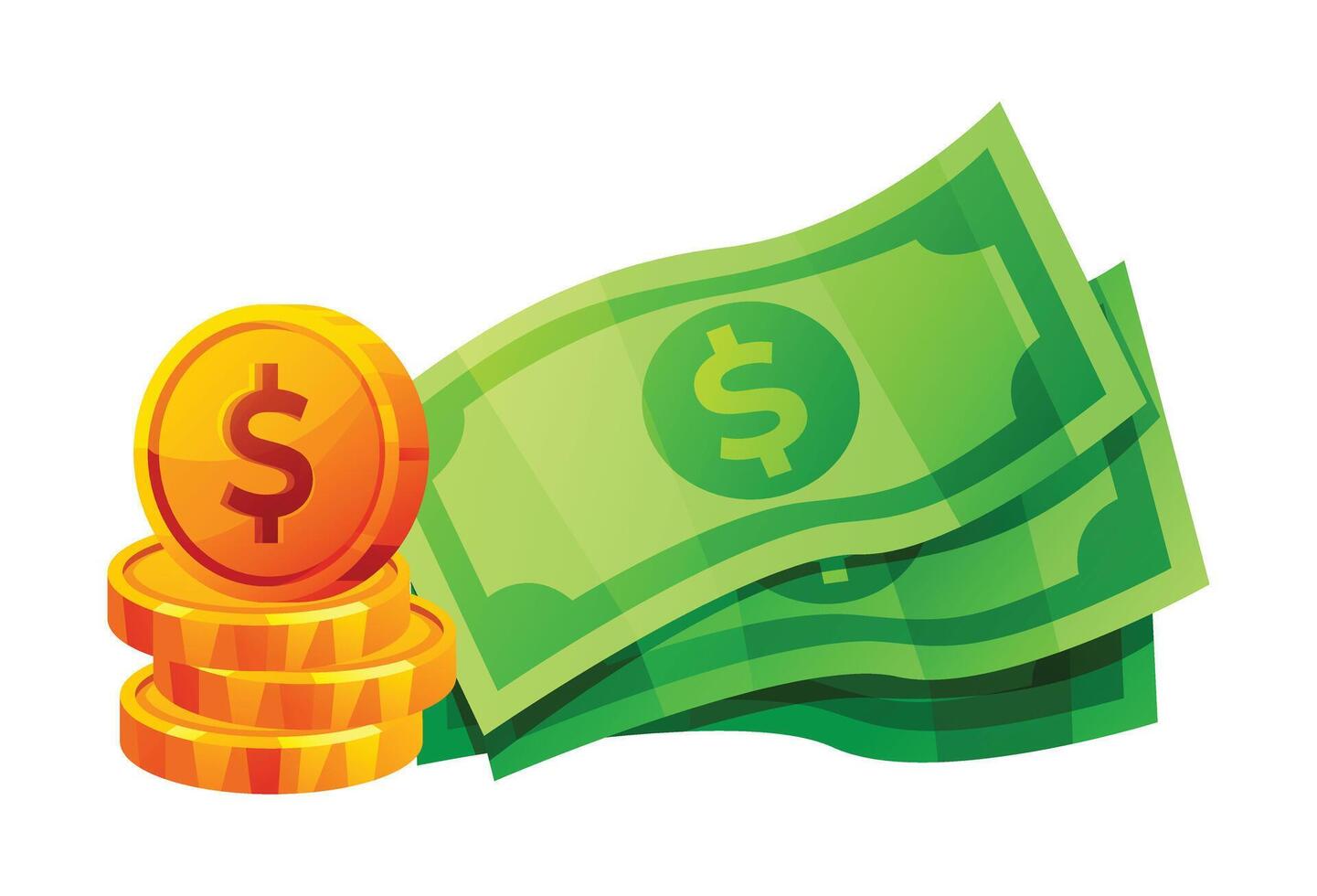 Money illustration. Banknotes and gold coins with dollar sign isolated on white background vector