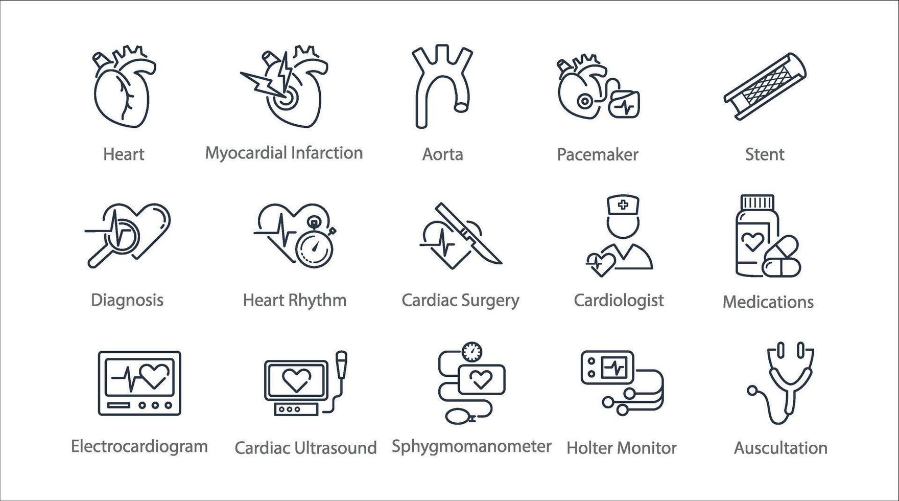 Cardiology line icon set. Heart, ECG, stent, aorta, pacemake, myocardial infarction, sphygmomanometer, holter monitor, rhythm, medications, diagnosis, scalpel, surgery illustration. Editable vector