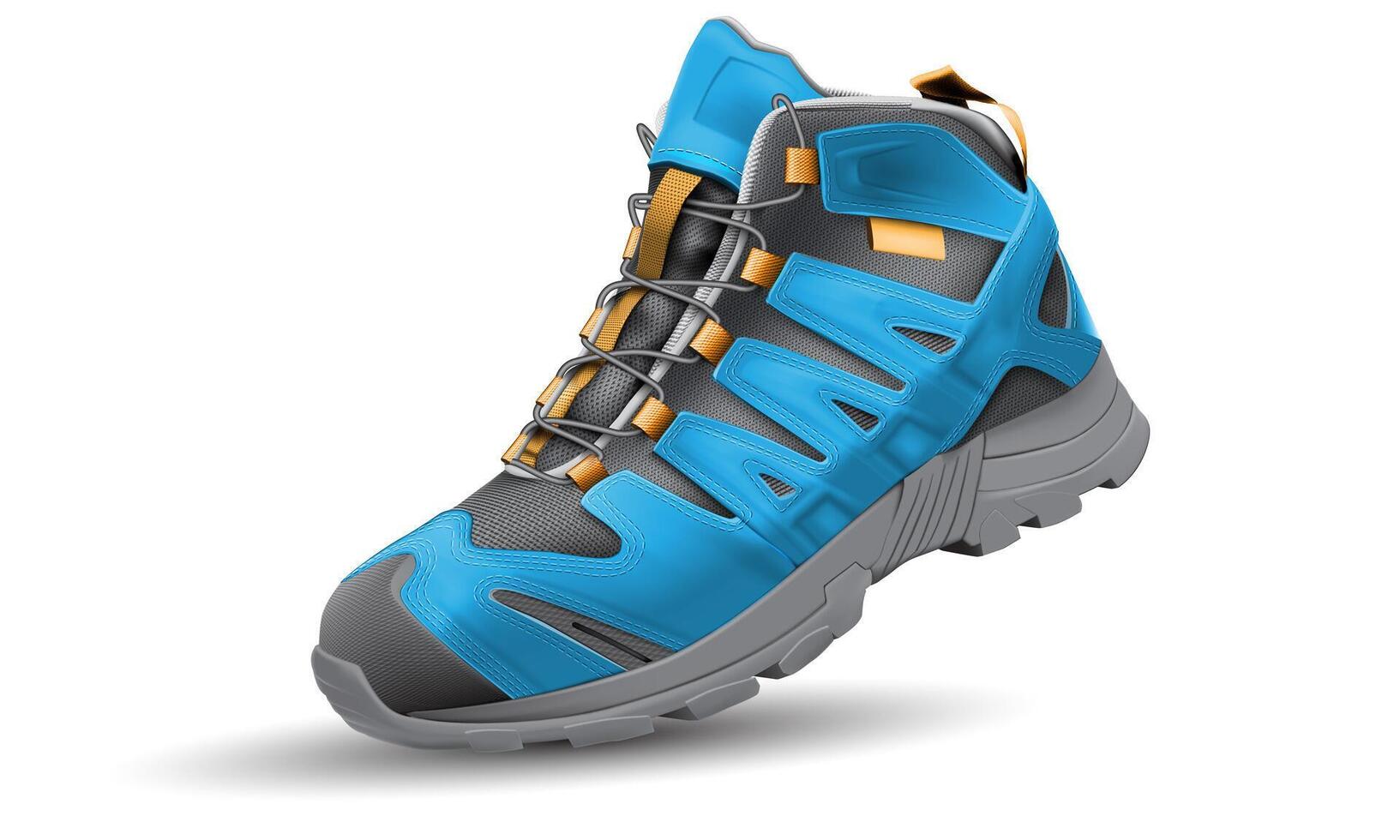 Realistic grey fabric blue leather yellow hook hiking shoe safety rubber fabric on white design for men vector