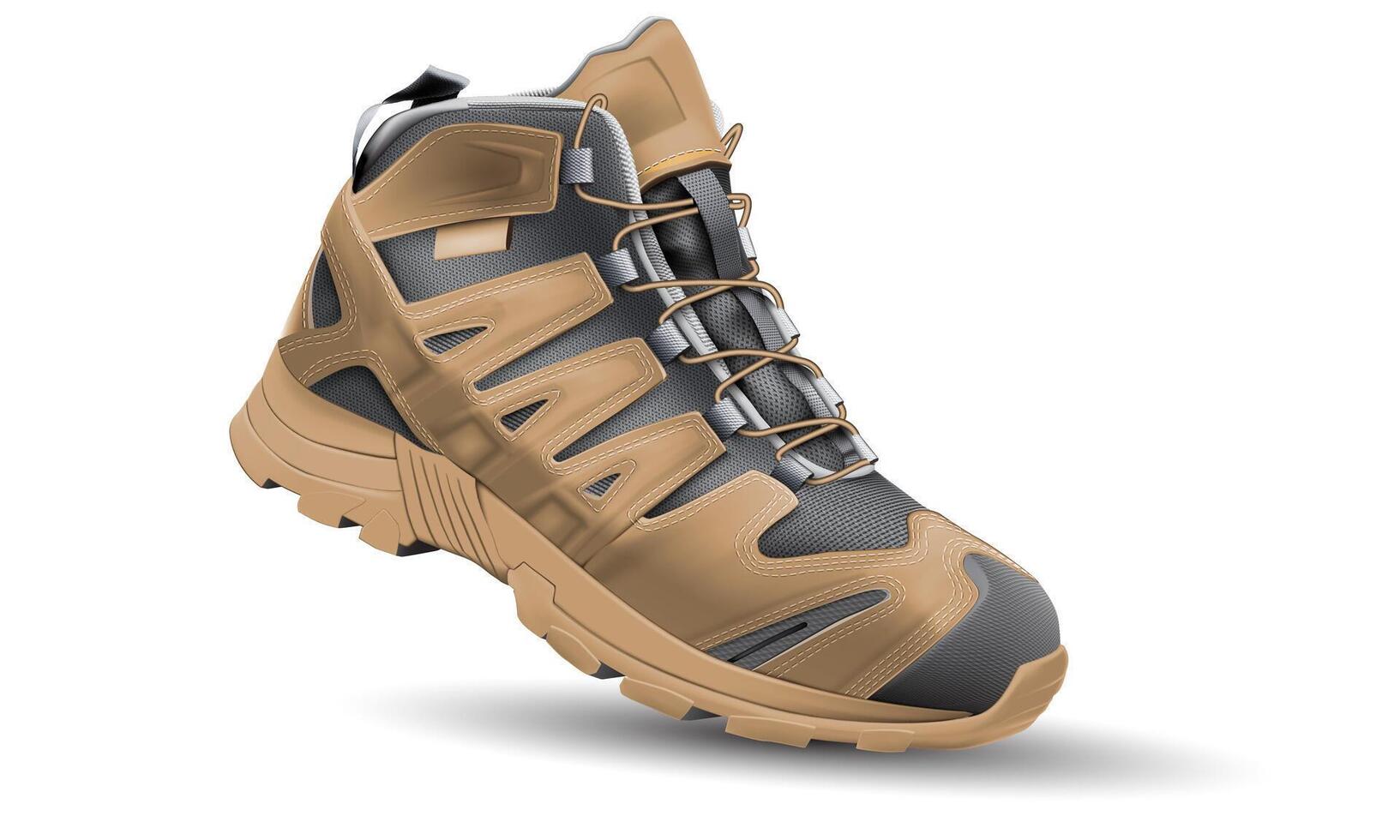 Realistic grey fabric brown leather rubber hiking shoe safety rubber fabric on white design for men vector