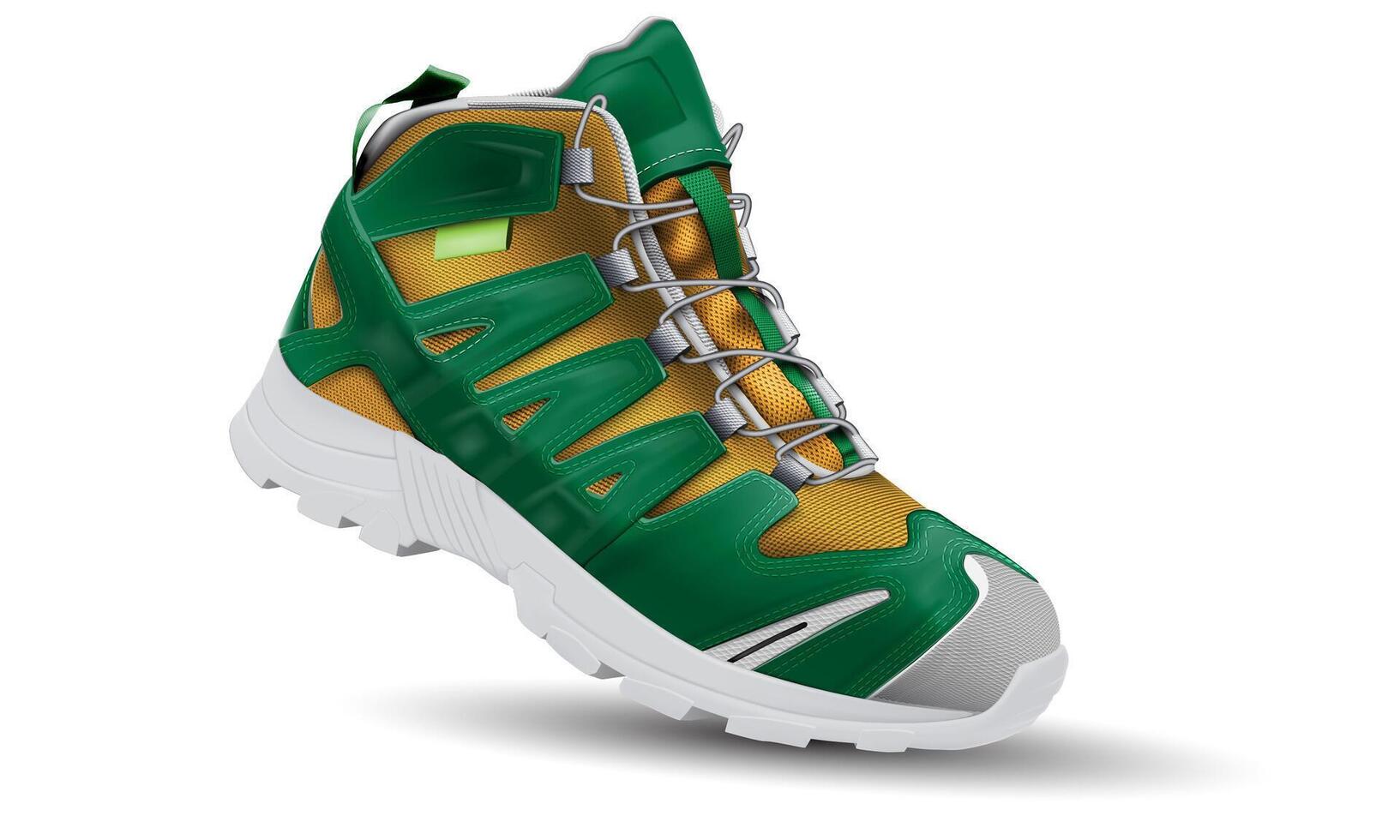Realistic yellow fabric green leather white rubber hiking shoe safety rubber fabric on white design for men vector