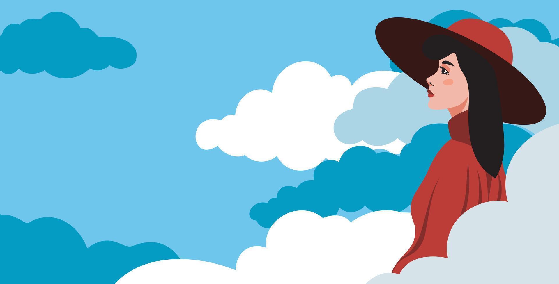 banner place for text vintage retro movie star brunette in hat against sky background outdoor recreation clouds sky 70s 80s retro banner tourism vector