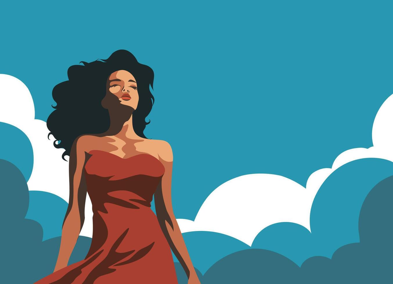 banner place for text vintage retro movie star brunette in red dress against sky background outdoor recreation clouds sky 70s 80s retro banner tourism vector