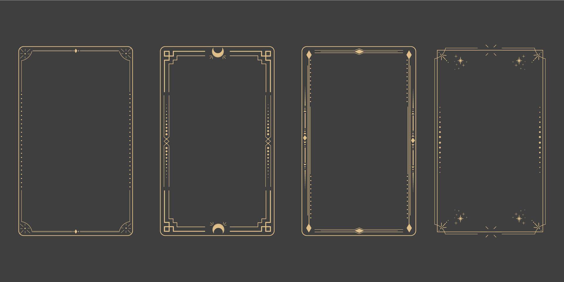 taLine golden frame, celestiam minimal esoteric border, mystyc linear decoration with dots, corners isolated on dark background. Geometric shape, tarrot vector
